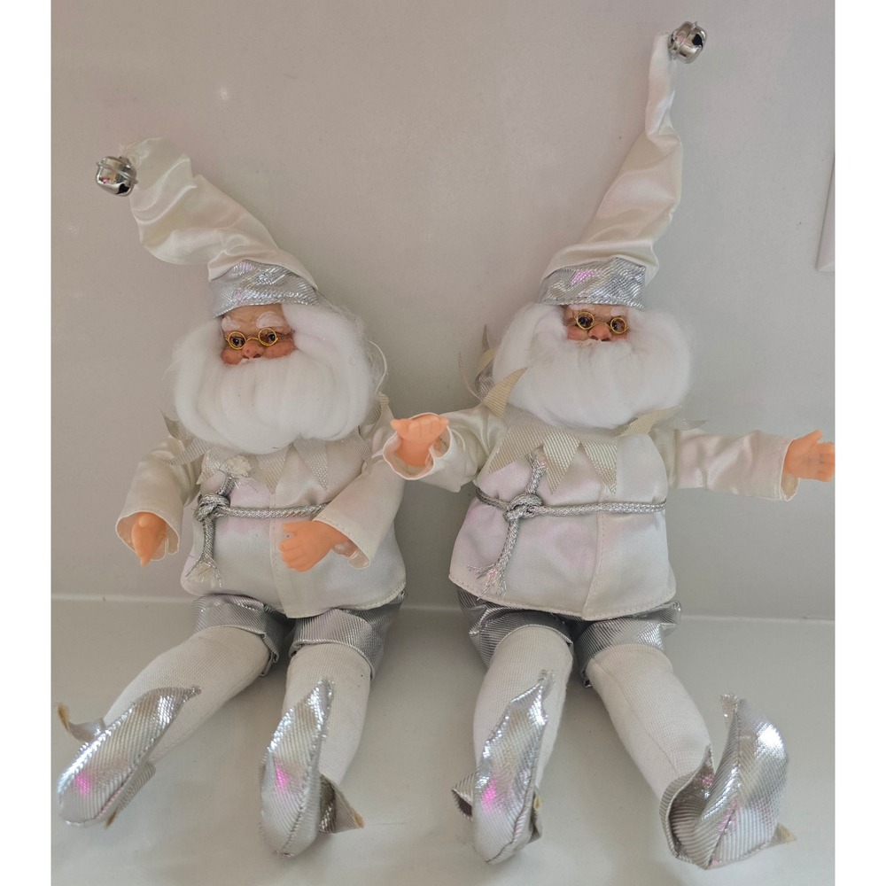 White Silver Santa Claus Elf Shelf Sitter Ornaments Christmas Decor Set of 2